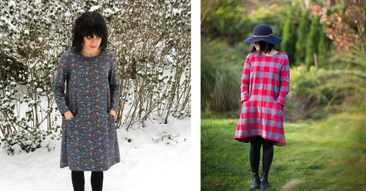Two Farrow Dress versions: blue floral woven in snow, and red and pink plaid woven with black tights and navy hat in a garden