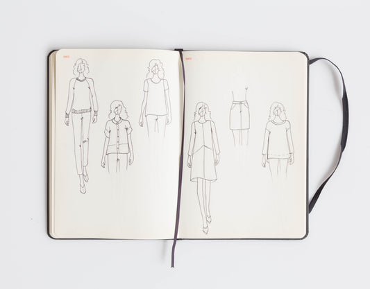 Sketchbook open to hand-drawn fashion sketches of Grainline Studio patterns including Linden, Farrow, Moss, and Hemlock
