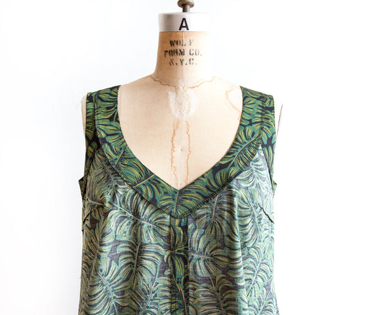 Hadley Top in green and navy leaf print, inside out on dress form showing facings tacked in place