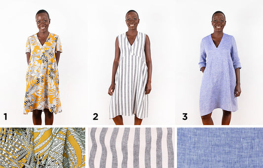 Felix Dress numbered 1-3: yellow floral short sleeve, gray stripe sleeveless, lavender linen 3/4 sleeve, with fabric swatches