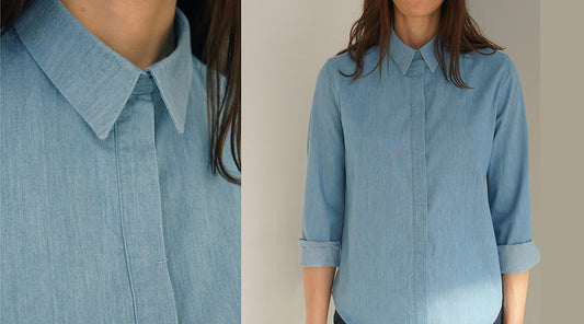 Archer Button Up in light blue chambray: collar and hidden placket detail close-up, and full front view with sleeves rolled