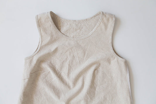 Willow Tank in natural linen-cotton blend shown wrong side out, with finished bias-faced neckline and armholes