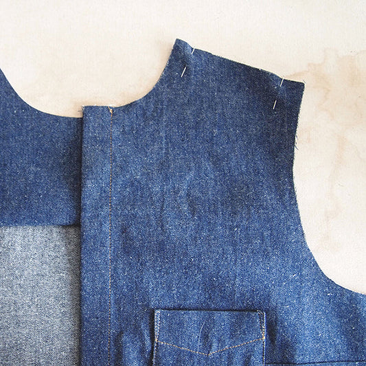 Alder Shirtdress denim yoke pieces pinned and partially sewn using the burrito method of yoke attachment