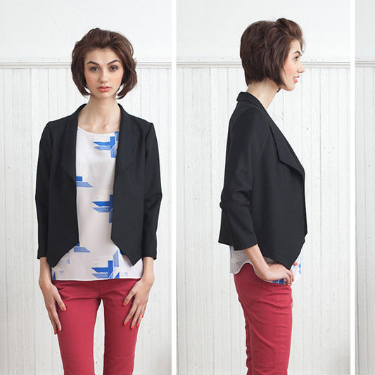 Morris Blazer in black with shawl collar, styled with geometric print top and pink pants, shown in front and side views