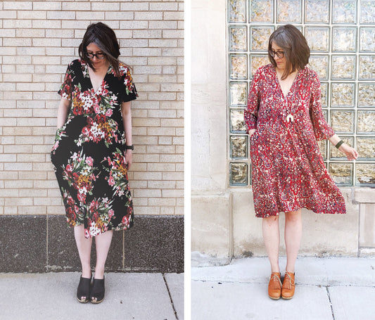 Two Felix Dress versions: black rayon with pink floral print and flutter sleeves; red rayon paisley floral with 3/4 sleeves