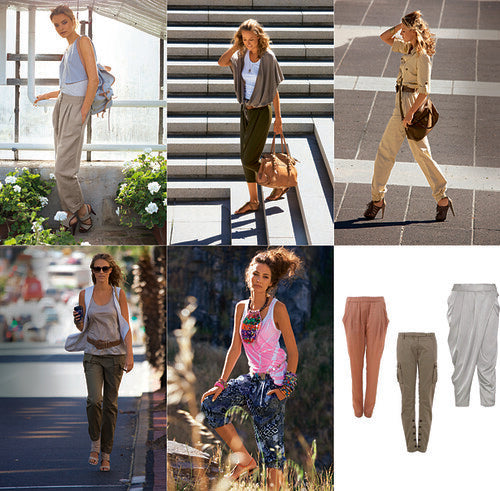 Six styled outfit photos featuring various trouser silhouettes paired with tops and accessories in neutral and earth tones