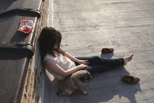 Person sitting on rooftop in white sleeveless top and dark jeans with a pug and Red Vines candy nearby