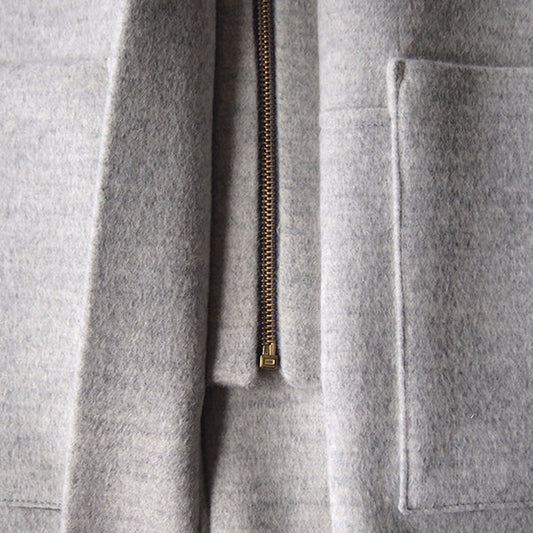 Cascade Duffle Coat gray wool front band with brass zipper and patch pocket, with overlap covering zipper