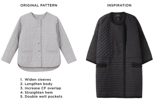 Original Tamarack Jacket in gray beside black quilted inspiration coat, with five hack modifications listed below