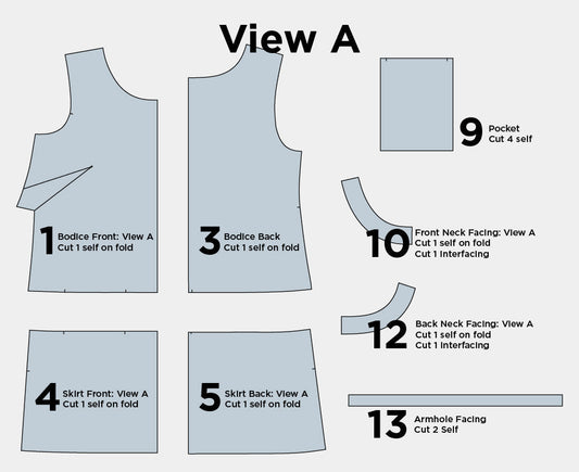Uniform Tunic View A cutting layout with labeled pattern pieces including bodice, skirt, pocket, and neck and armhole facings