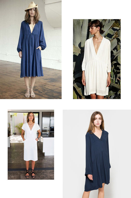 Mood board of four RTW dresses inspiring the Felix Dress: V-necklines, floaty silhouettes in navy, white, and dark blue