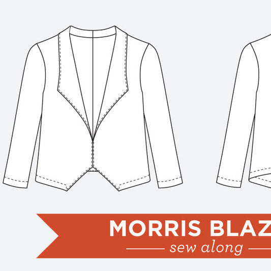 Morris Blazer sew along pattern line drawing showing front and side views with draped lapel and long sleeves