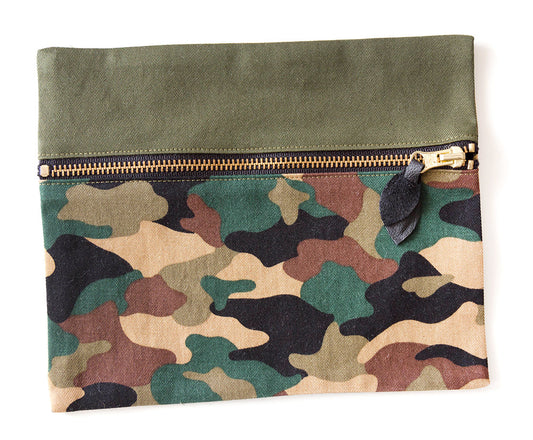 Portside Pouch in olive and camouflage print with gold metal zipper and leather zipper pull, on white background