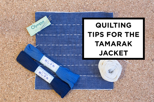Quilted linen with white dashed stitching and sashiko thread on cork, text reads "Quilting Tips for the Tamarack Jacket