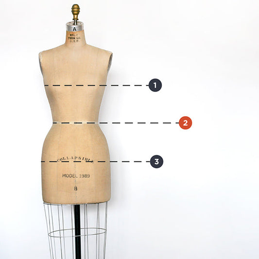 Vintage dress form with numbered dashed lines indicating bust, waist, and hip measurement points for Thayer Jacket sizing