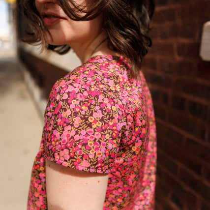 Scout Tee sewing pattern in Liberty Tana Lawn Wiltshire print berry floral fabric with short sleeves