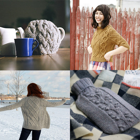 Knitting collage: cable tea cozy, mustard cabled pullover, gray cable cardigan in snow, and gray bobble hot water bottle cover