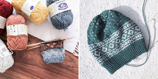 Jamieson's Spindrift with Fair Isle swatch on wooden needles beside teal and white Fair Isle hat in Kelbourne Scout yarn