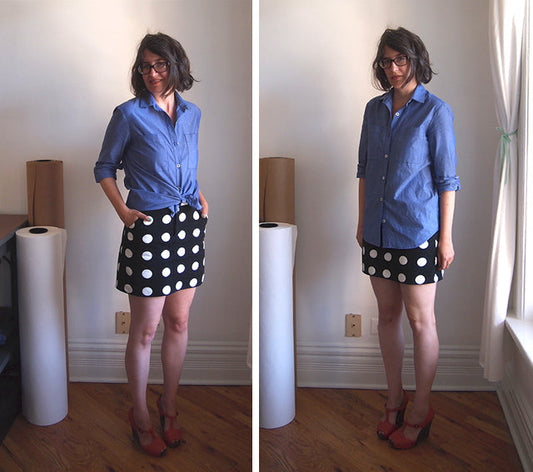 Two views of a chambray Archer Button-Up styled with a black and white polka dot Moss Skirt, worn knotted and untucked