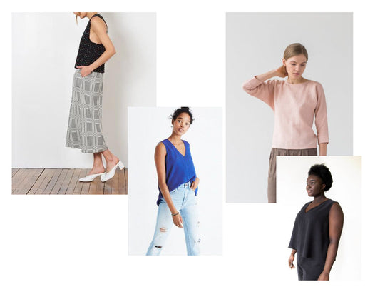 Ready-to-wear top inspiration: black tank with geometric skirt, cobalt V-neck, blush long-sleeve, and charcoal sleeveless top"