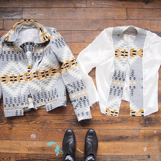 Cascade Duffle Coat in cream gray geometric Pendleton wool with gold accents, flat lay showing outer shell and white lining