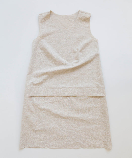 Willow Tank & Dress in natural print linen cotton blend with waistline pleat sewn to attach the skirt to the bodice