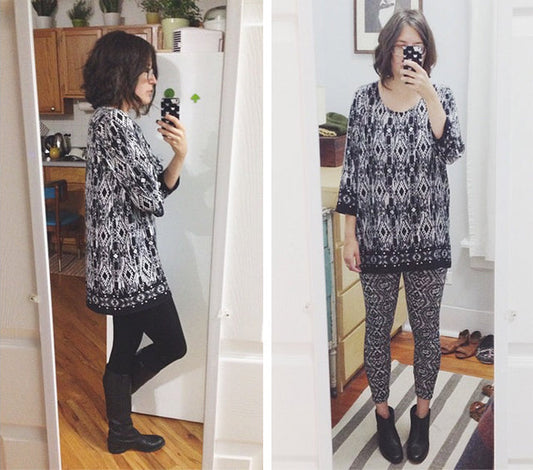 Two mirror selfies showing a Scout Tee variation in black and white ikat print, with black leggings and matching print pants