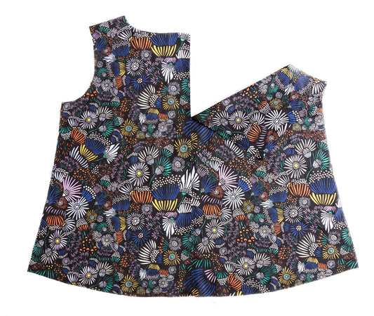 Hadley Top back in multicolor daisy print, back neck opening finished, center pleat unsewn