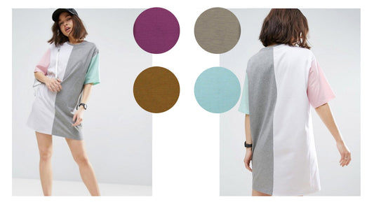 RTW color-block t-shirt dress inspiration in gray, white, pink, and mint, front and back views, with alternate color swatches