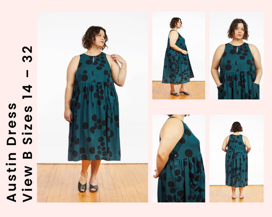 Austin Dress Sew-Along graphic with two View A versions: gold striped and rust, both sleeveless A-line on pink background