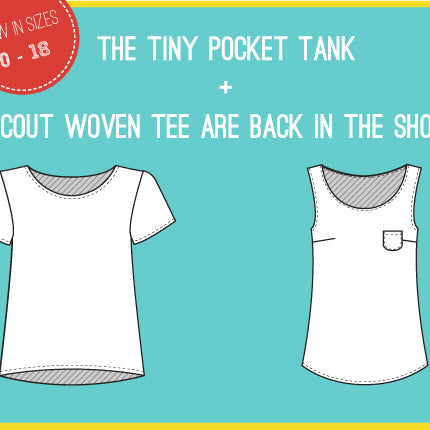 Graphic announcing Tiny Pocket Tank and Scout Woven Tee in sizes 0–18 with flat sketches on a turquoise background