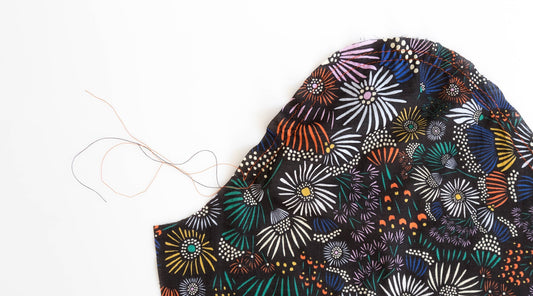 Hadley Top sleeve cap in multicolor floral print with basting stitches and ease gathering, ready to set in armhole