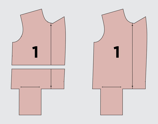 Yates Coat pattern pieces showing how to lengthen or shorten the bodice, with grainlines and adjustment lines marked