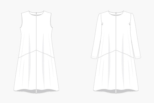 Farrow Dress sewing pattern illustrations showing sleeveless and long-sleeve versions with center front seams and vertical panel details
