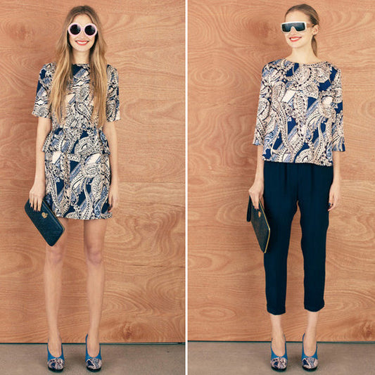 Two looks featuring a navy and cream paisley print top styled with a matching mini skirt and with navy cropped trousers