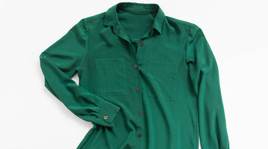 Emerald green Archer Button-Up Shirt with collar, long sleeves, and chest pockets, part of the Alder + Archer combination
