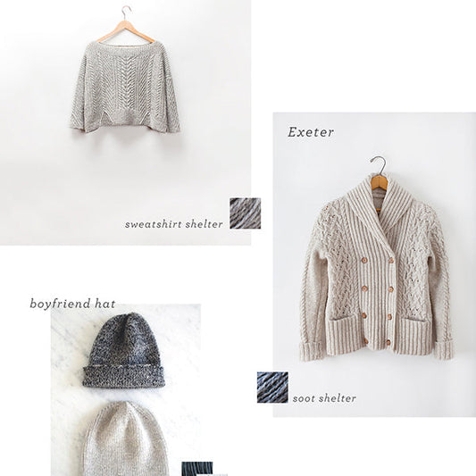 Mood board of three handknit projects: gray cable-knit cropped sweater, cream ribbed double-breasted cardigan, and two knit beanies in gray tones