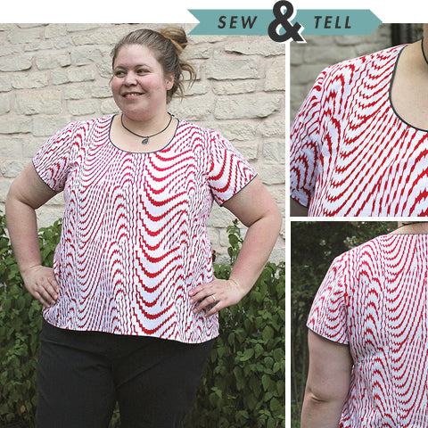 Sew & Tell: Scout Woven Tee in red and white wavy print cotton with contrast piping, shown in full and close-up views