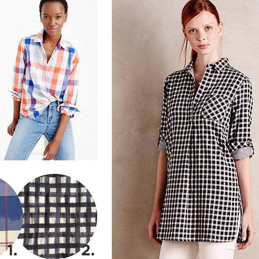 RTW Archer inspiration: multicolor plaid shirt with jeans, black and white gingham popover, and two fabric swatch close-ups