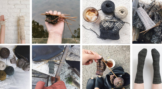 Knitting collage showing fingerless mitts, colorwork hat, socks, yarn, and various projects in progress with wooden needles