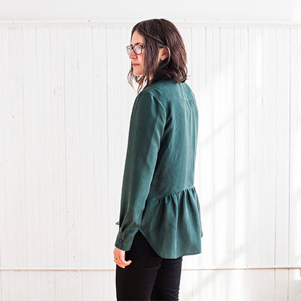 Archer Button Up in green washed silk crepe de chine, View B with gathered back panel, worn with black pants
