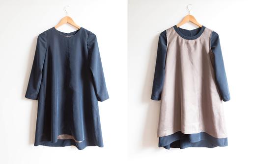 Lining the Sleeved Farrow Dress: navy dress right side out and turned inside out showing taupe and navy lining