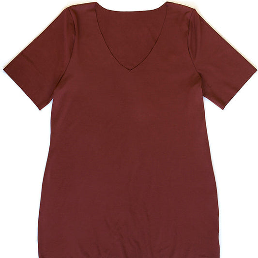 Lark Tee in burgundy with short sleeves and V-neckline, flat lay view, side and shoulder seams sewn, neckline unfinished