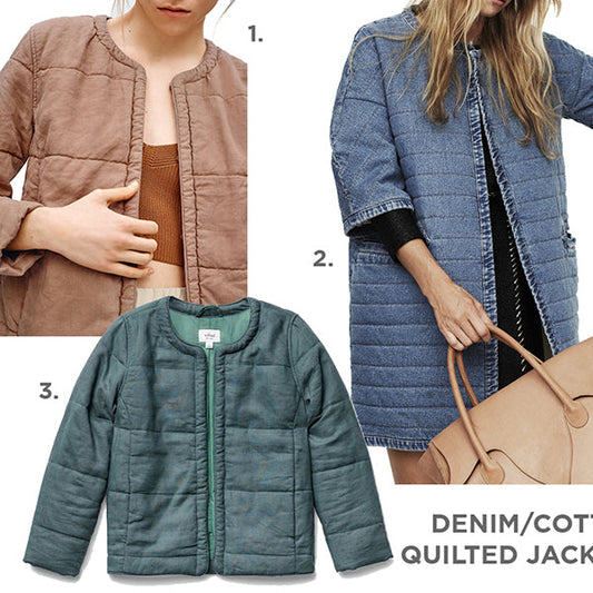 Quilted jacket inspiration board showing tan, blue denim, and sage green styles with horizontal stitching details