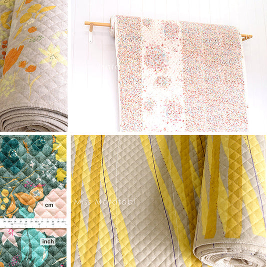Pre-quilted fabric inspiration for Tamarack Jacket including Nani Iro floral and stripe prints in teal, yellow, and blush