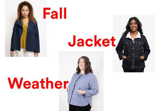 Fall Jacket Weather graphic with three Grainline jackets: navy Cortland Trench, denim and sherpa Thayer, and chambray Tamarack