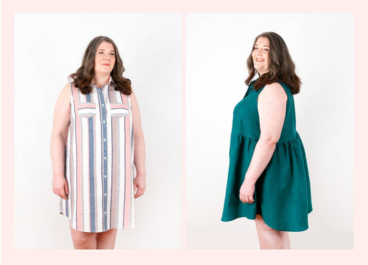 Two Alder Shirtdress views: pink and blue striped linen with button-front placket, and teal linen with gathered A-line skirt