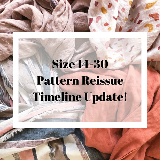 "Size 14-30 Pattern Reissue Timeline Update!" graphic over crumped fabrics in pink, coral, and cream