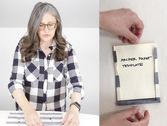 Person in navy gingham Archer Button Up with striped fabric, and close-up of handwritten Archer Pocket Template on cream card