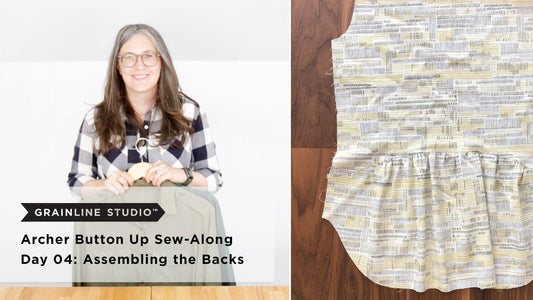 Archer Button Up Sew-Along Day 04: Assembling the Backs, showing navy gingham shirt and gathered lower panel on dark wood